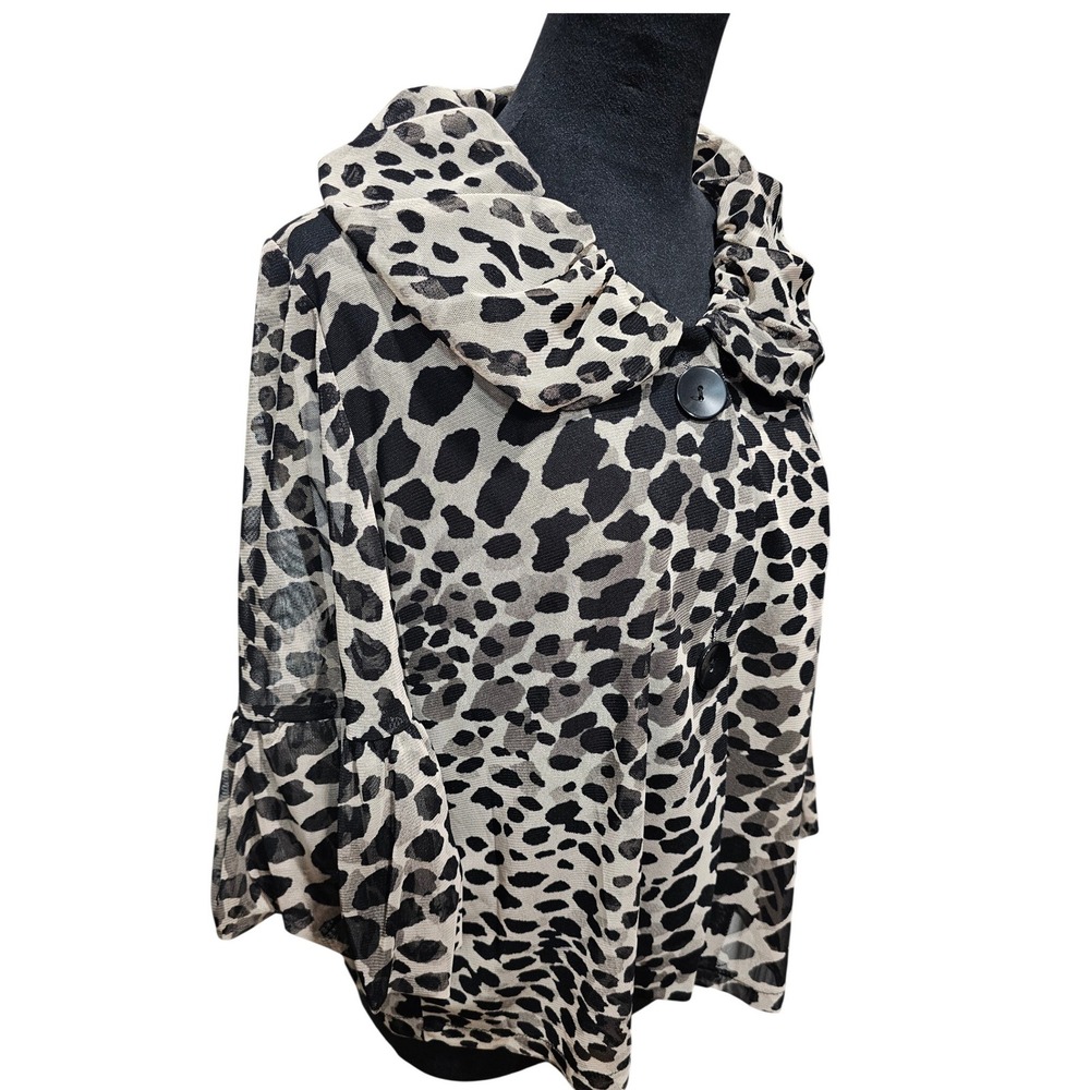 Damee Blouse Top Women Large Gray Leopard Mesh Ruffle Collar‎ Balloon Hem Sleeve - Picture 3 of 10